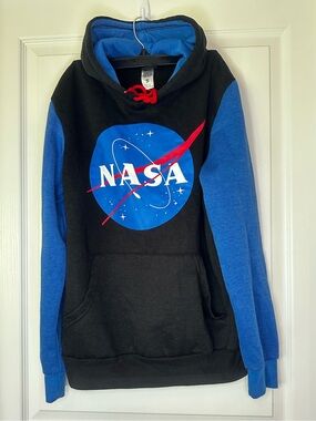 Fifth Sun Black and Blue NASA Crewneck Hoodie with Red Accents